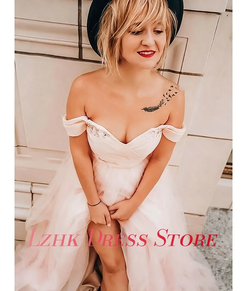 Customized Sexy Organza A-Line Off the Shoulder Crystal Sequined Evening Dress Fashion Sweetheart Short Sleeves Party Gowns