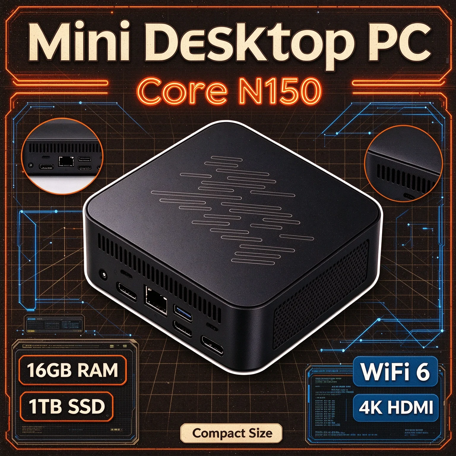 Mini PC Slim 2026 Intel Core N150 16GB RAM 2TB NVMe SSD Triplo 4K WiFi6 Resfriamento Eficiente Multitarefa para Casa e Escritório Desktop Pro
