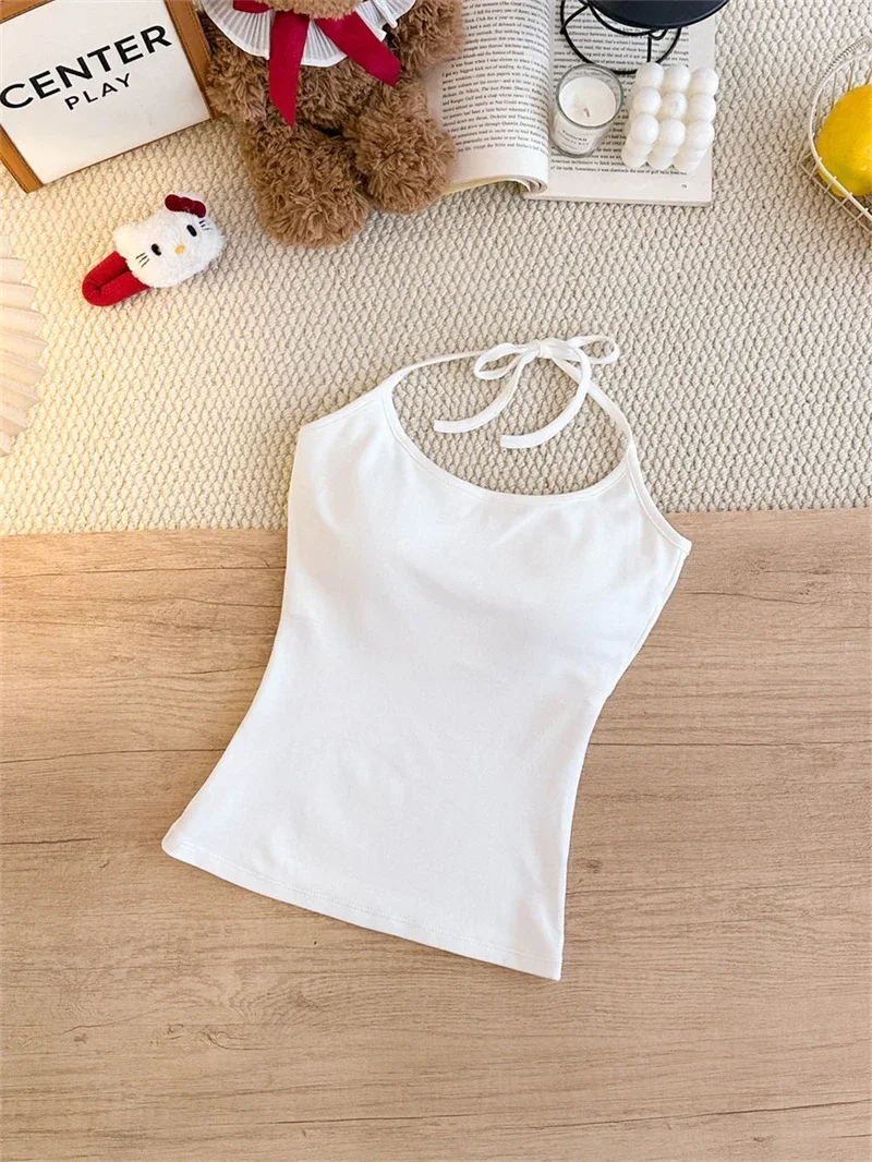 Koreanischer Stil Mehrfarbiges Crop-Top mit Bindeband und integriertem BH-Pad – Sexy, eng anliegendes Tanktop für Damen – Detail 18