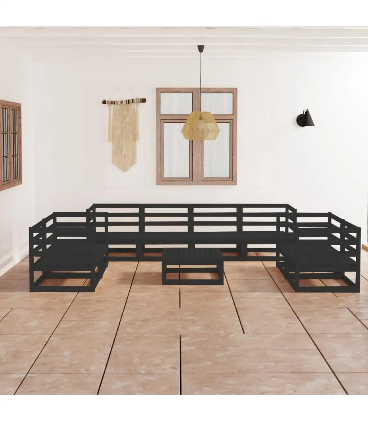 Garden Sets Garden Furniture Set 9 Pieces Black Wood Pine Wood