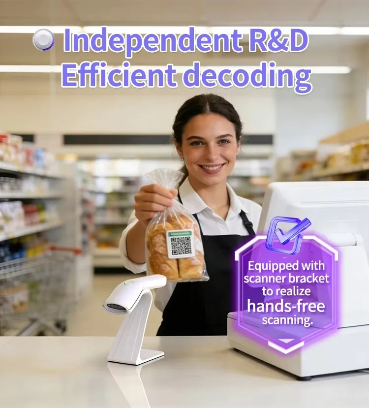 White 1D 2D Barcode Scanner with Stand Automatic Sensing Hands Free Fast Scan Reader for Supermarket Courier Convenience Store
