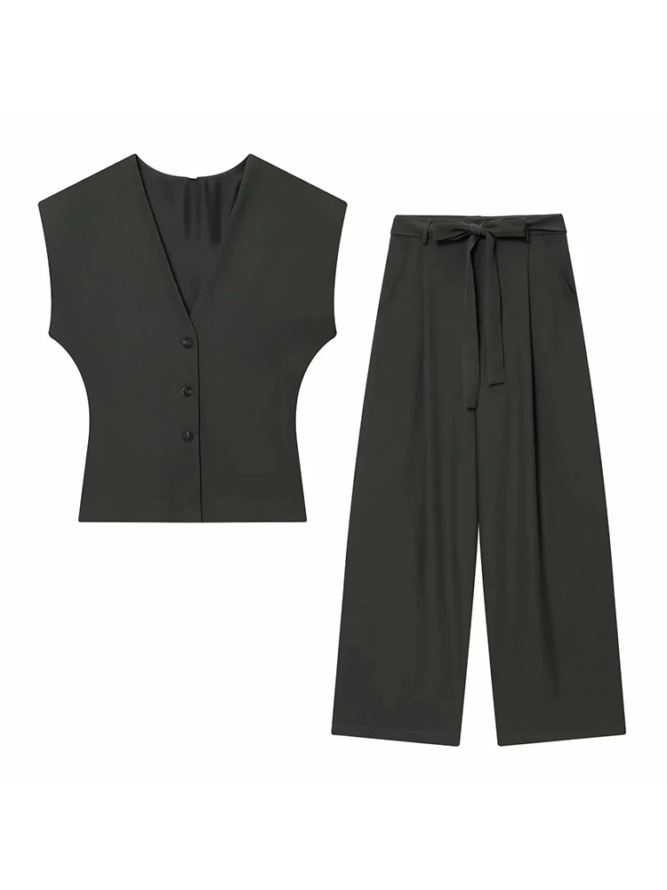 Women Fashion 2-Piece Set Single-breasted Sleeveless V-Neck Pinstripe Vest+Summer Pleated Loose Pocket Belt Zipper Pants view 4