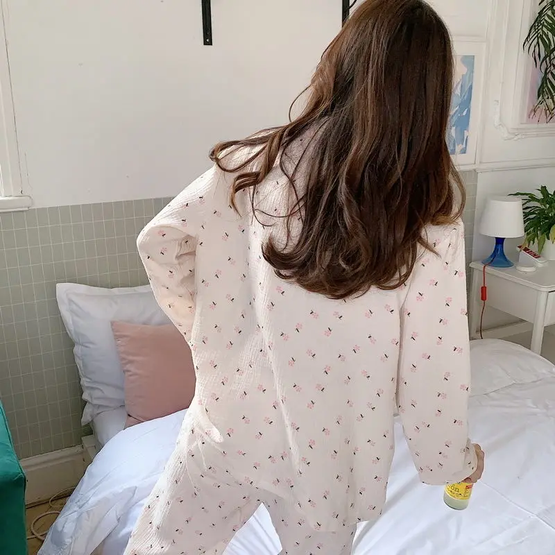 Sweet Floral Pajama Sets Women Spring Sleevewear Cute Schoolgirls Long Sleeve Pajamas Japanese Style Casual Home Wear Ins Cozy