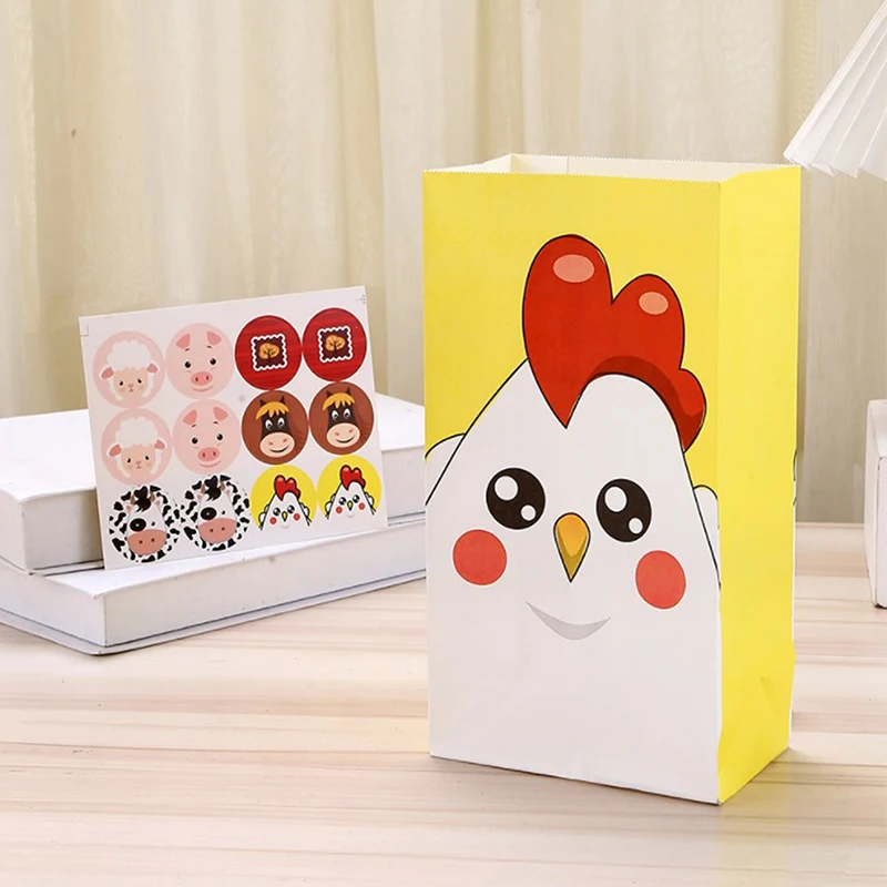 6PCS Carton Farmland Animal Gift Bags Paper Candy Biscuit Packaging Bag For Kids Farm Themed Animal Birthday Party Supplies