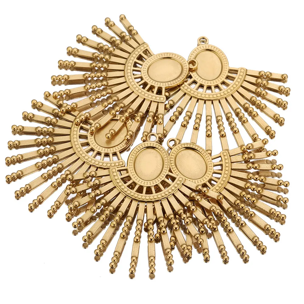 5pcs Stainless Steel Cartoon Sunburst Charms Oval Bezel Frame Fan Shape Pendant Bases for DIY Jewelry Making Necklace Earrings