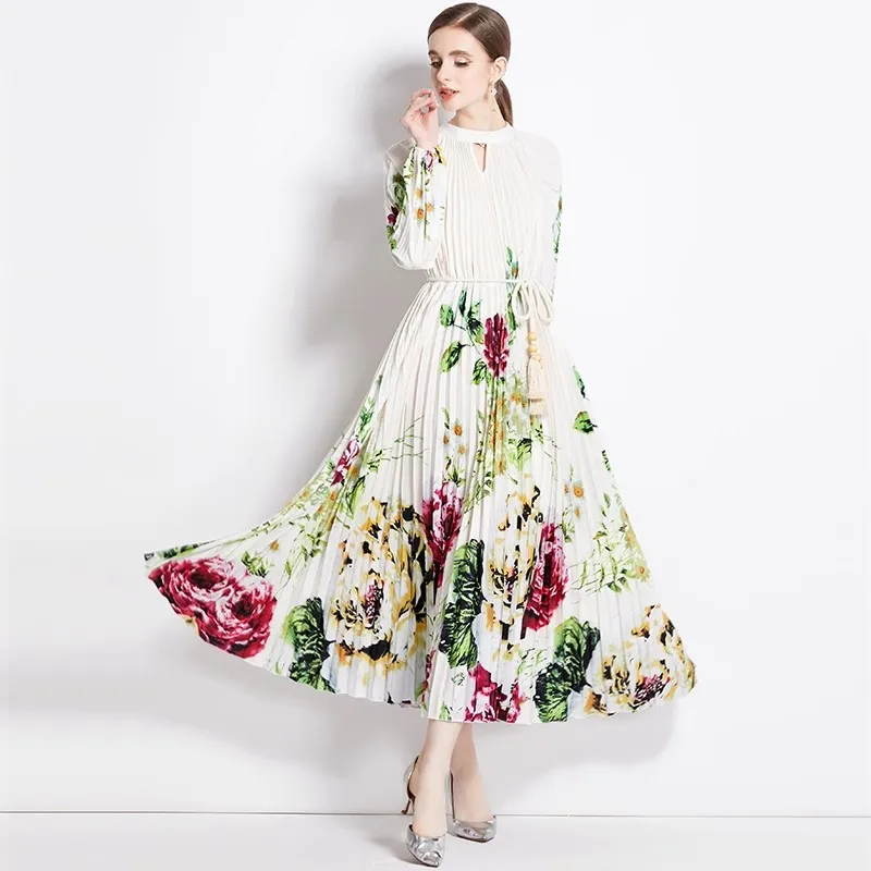 

2023 New Autumn Miyake Pleated Long Dress Elegant Women O Neck Lantern Sleeve Flower Print High Stretch Vestidos + Tassel Belt