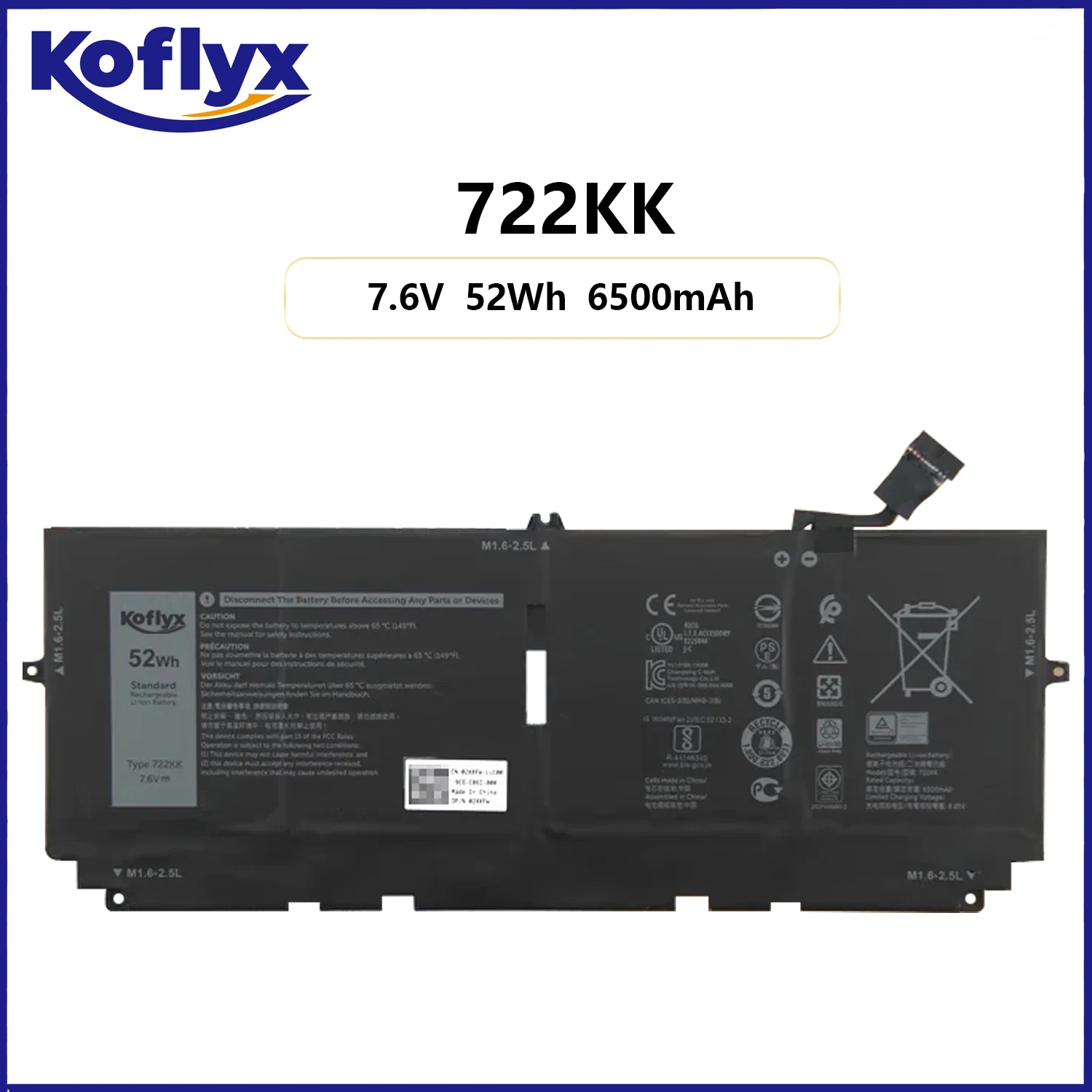 Новый аккумулятор Koflyx для ноутбука Dell XPS 13 9300 (2020) 13 9310 (2020) 13 P117G P117G002 P117G001 722KK 52WH 6500 мАч