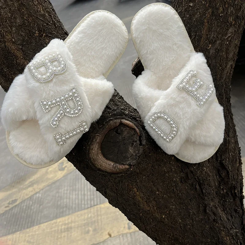 BRIDE/WIFEY Fluffy Slippers Bride Honeymoon shower slippers Bridesmaid Romantic Gifts Wedding Photo Props Wedding party decora