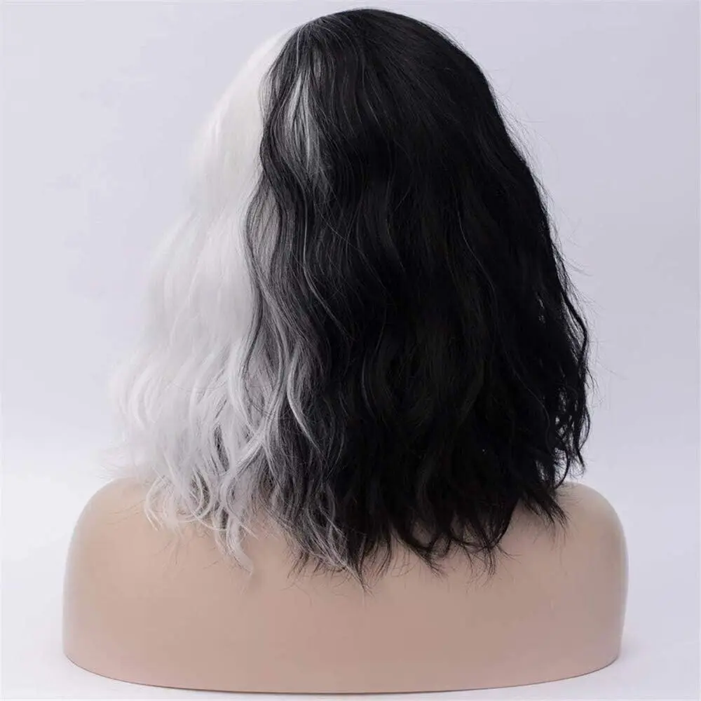 Black and White Bob Wig Wavy Curly Cosplay Fancy Dress Synthetic Fiber