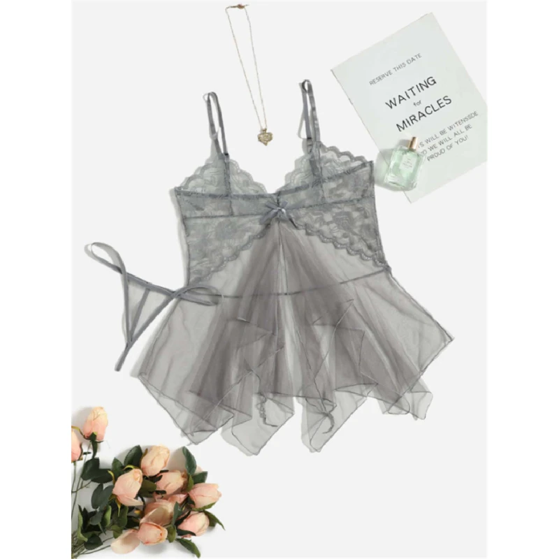 Сексуальный сетчатый прозрачный тонкий кружевной комплект одежды для сна, женское соблазнительное нижнее белье, милая ночная рубашка для взрослых, развлечений, интимная одежда