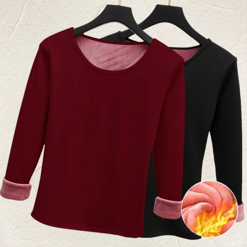 Women Winter Round Neck Thick Fleece Thermal Underwear Slim Fit Long Sleeve Soft Warm Stretchy Basic Base Layer Top Inner Shirt