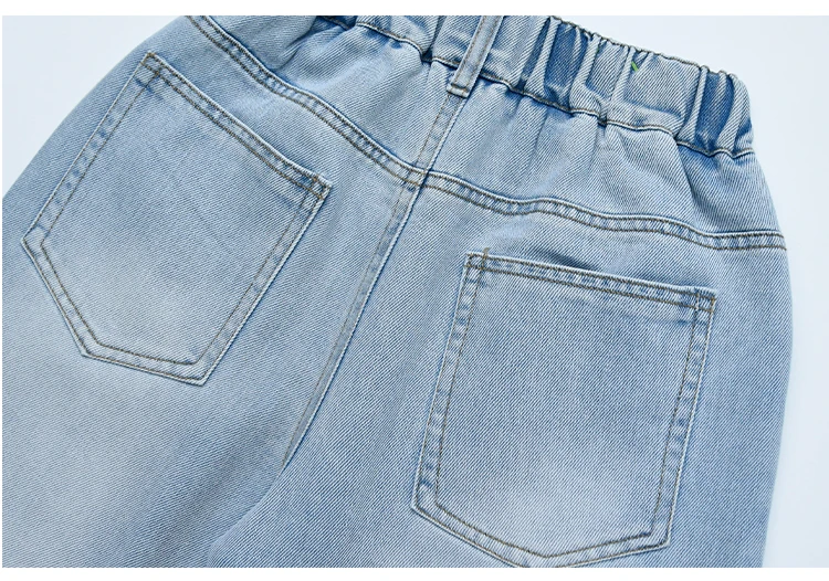 Kinder Sommer Retro Blaue Denim-Shorts mit Sternen für Tweens Mädchen Hip-Hop Taschen Hohe Taille Schmale Knielange Capri-Jeans – Detail 8