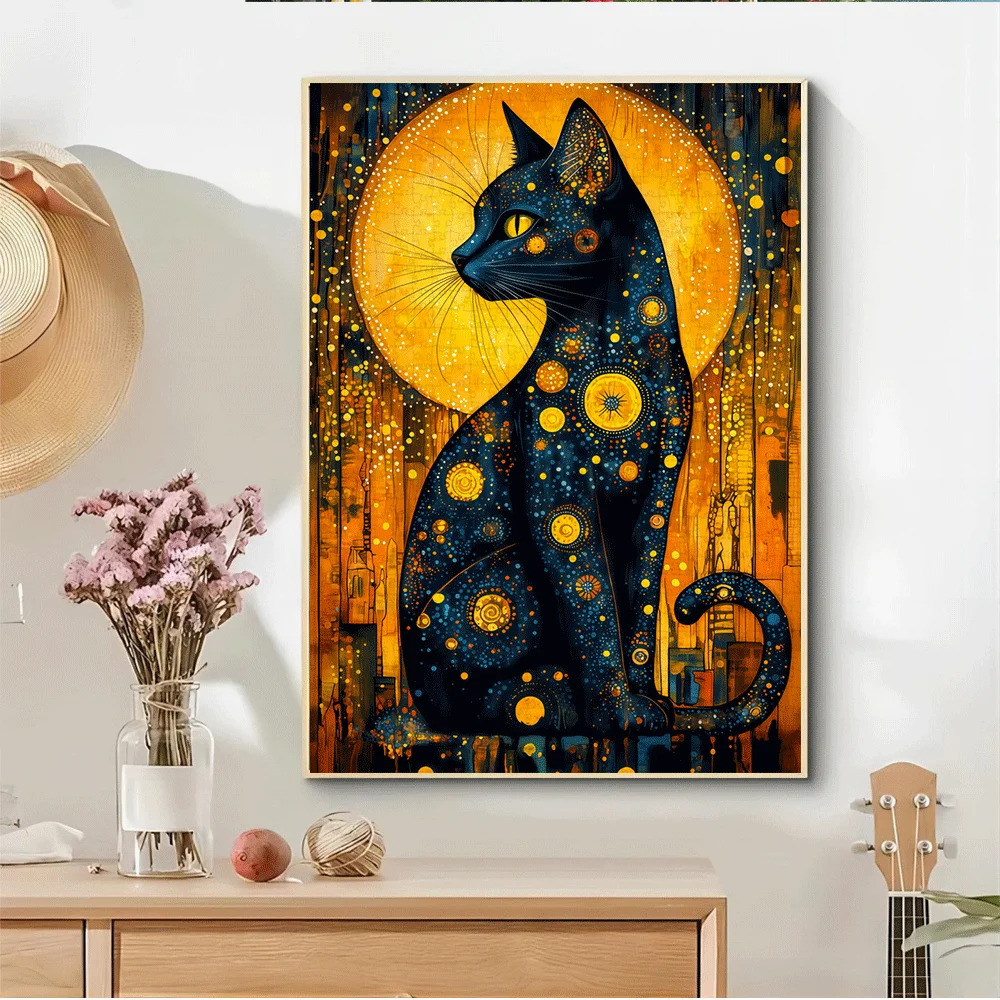 1000pcs Van Gogh-Inspired Black Cat & Starry Night Jigsaw Puzzle for Adults - Large Challenging Art Puzzle with Golden Pattern