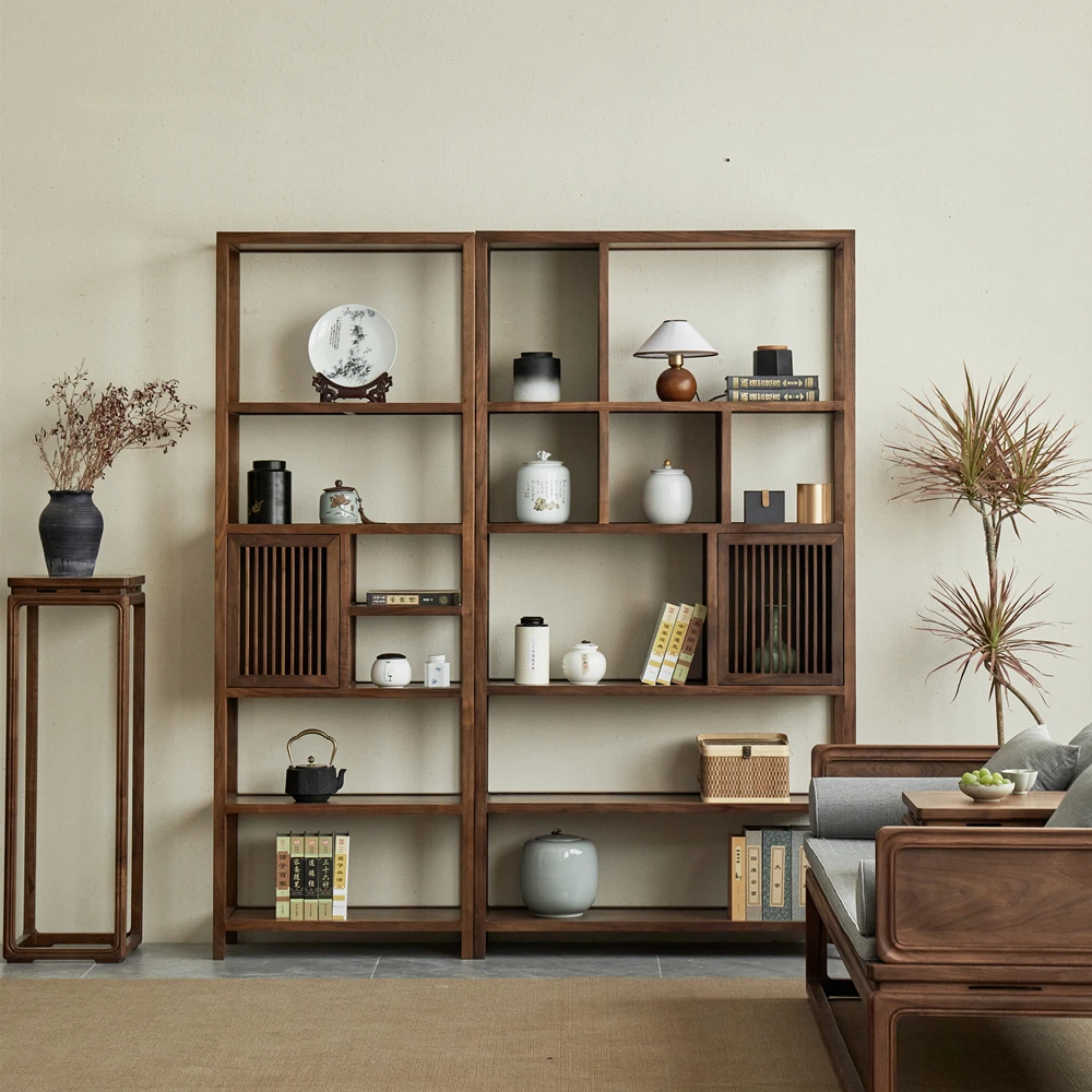 Bookcase combination solid wood Bogu shelf, black walnut living room, Duobao floor-to-ceiling storage