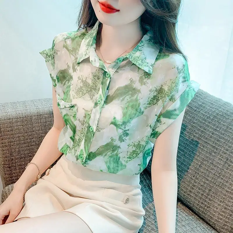 Summer New Green Floral Fashion Temperament Polo-Neck Short Sleeved Shirt Loose Casual Elegant Versatile Popular Women\'s Top