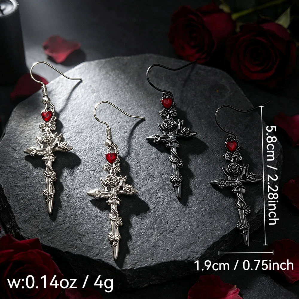 Rose Entwined with Cross Sword and Red Heart Diamond Dangle Earrings, Two-Tone Vintage Thorn Rose Cross Metal Earrings, Everyday Style Accessory