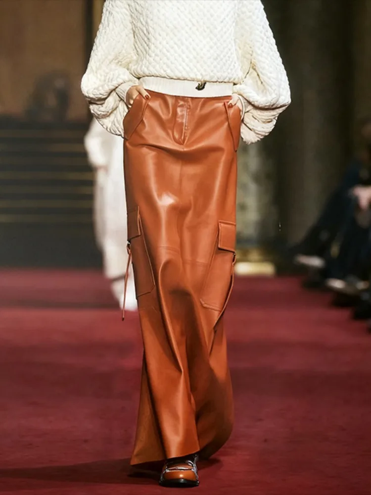 Beautyblue Caramel PU Long Skirts for Women Elegant High Waisted A-Line Column Pockets Leather Trands Female Maxi Skirts Bottoms