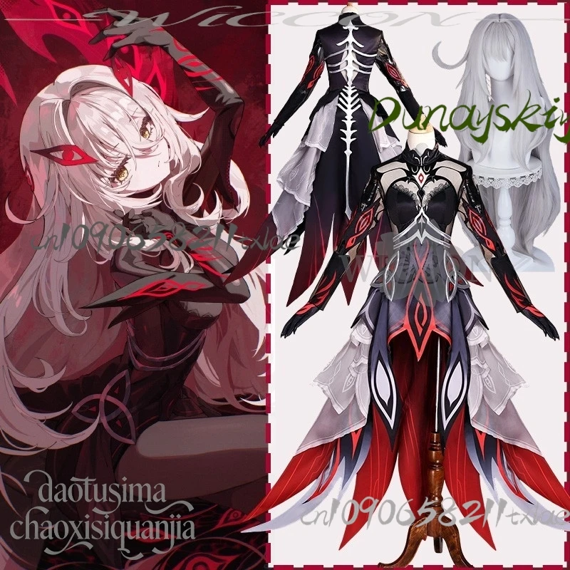 Juego de Anime Genshin Impact Cosplay disfraz de Ronova mono Sexy vestido largo negro rojo patrón de hueso de dragón gótico Lolita Halloween