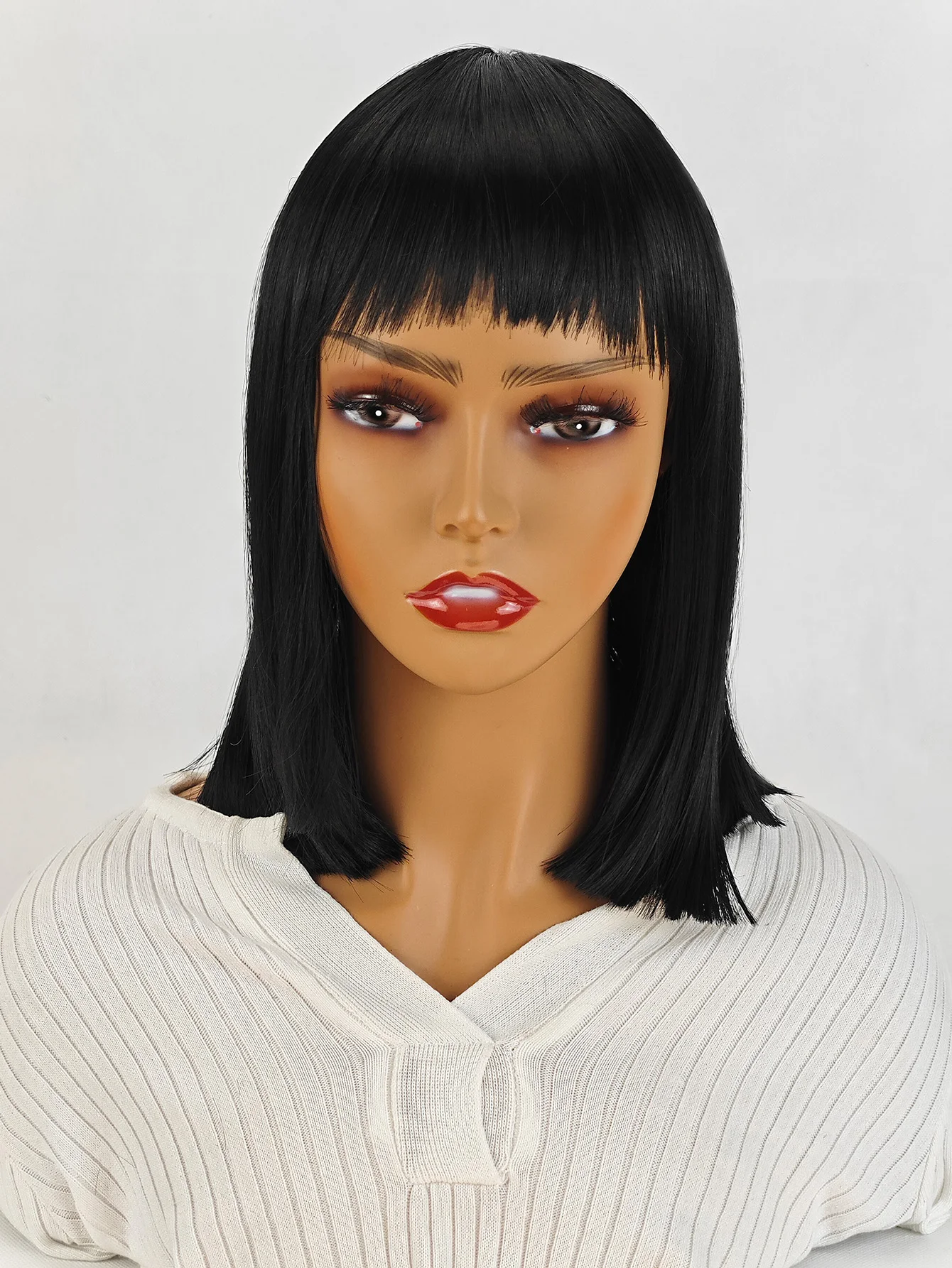 12Inch Natural black Short Bob Wigs With Bangs Light Yaki Straight Hair Blunt Cut Glueless Wigs Realistic Look Daily Costume Wig