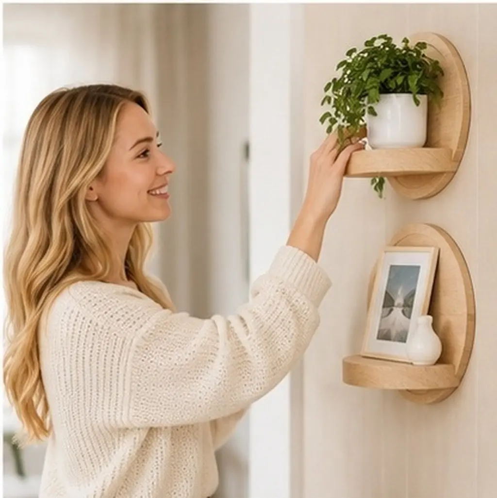 2Pcs Thick Wooden Floating Shelf Round Wall Shelf Modern Minimalist Display Rack for Small Items Home Office Wall Mounted