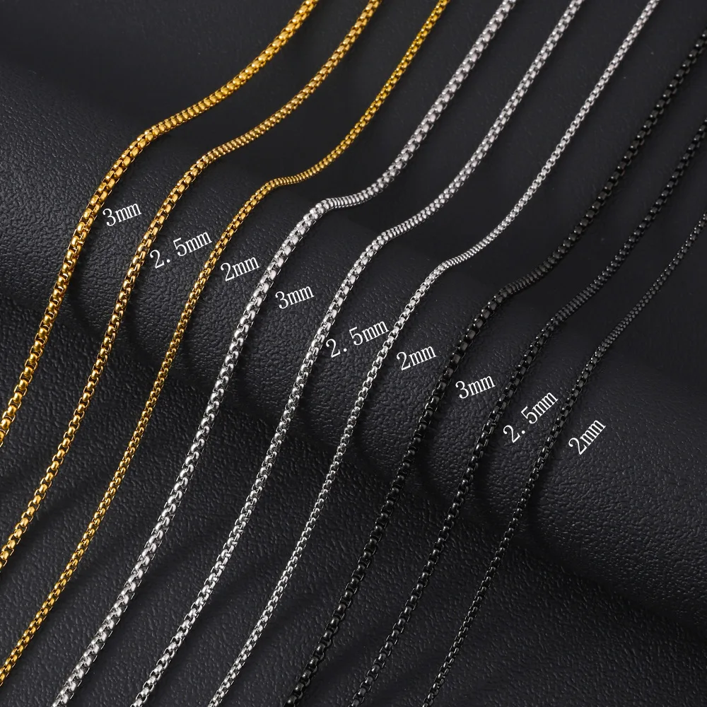 Colar de corrente quadrada de aço inoxidável 2-3MM para homens e mulheres, estilo retrô, nas cores preto, dourado e prata, tipo choker, joia de metal, acessórios DIY.