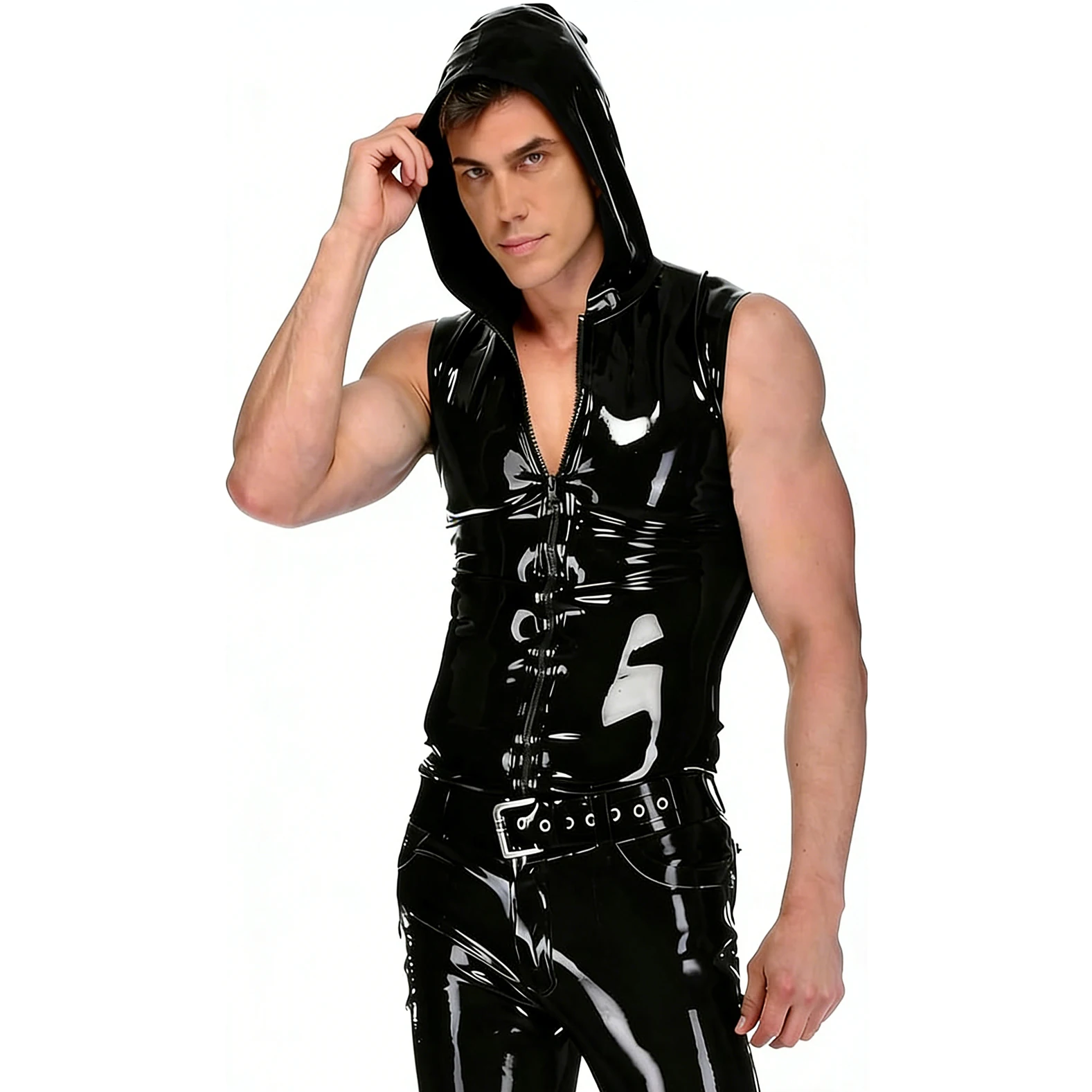 

Latex Rubber Sleeveless Hooded Vest with front zipper Men T-Shirt Sexy Male Latex Top Handmade RLSM008
