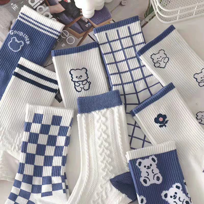 Cartoon Bear Women Socks Autumn Winter Blue Plaid Japanese Korean Happy New Year Gift Fashion Student Cotton Sox Middle Tube