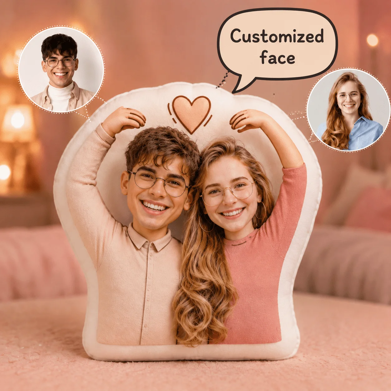 Personalized Couple Photo Shaped Pillow, Custom Face Decorative Cushion with Heart Design, Unique Home Decor Accent for Sofa & B