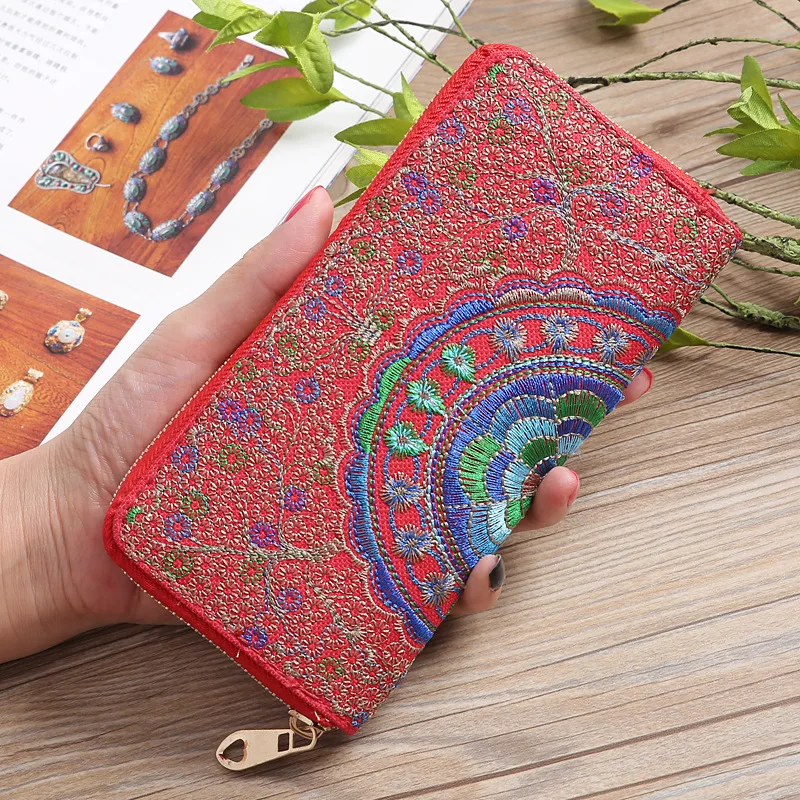 Ethnic Embroidery Flower Zipper Clutch Wallet Handbag Women Long Purse Bank Card Coin Pocket Credit Card Holder Cover Bag