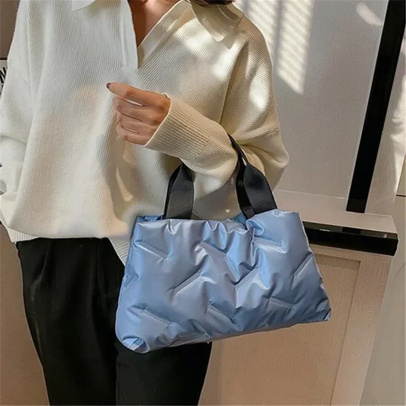 Fashion Quilted Women Shoulder Bags Solid Color Cotton Padded Handbags Top-handle Bags Large Capacity Ladies Shopping Tote Bags