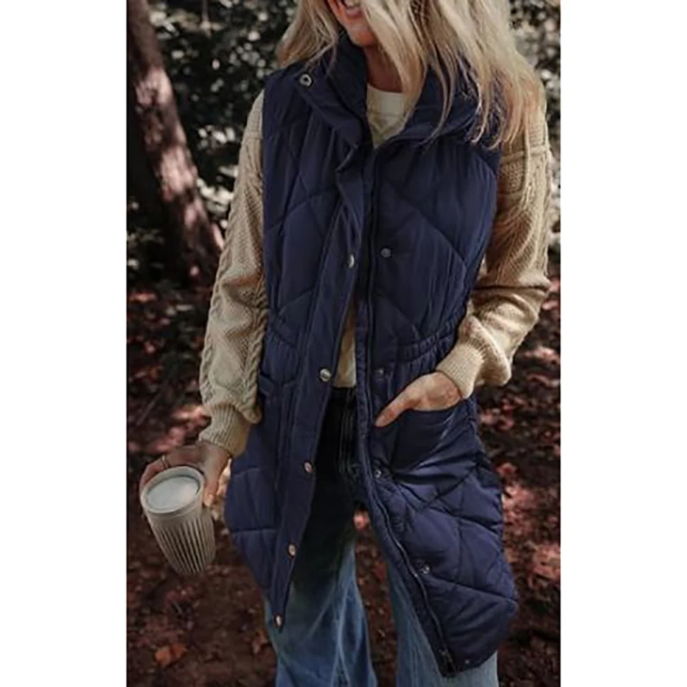 Plus ขนาดผ้าฝ้ายอุ่นเสื้อแจ็คเก็ตยาวสบายๆแขนกุดซิปฤดูหนาว Outwear Coats Stand Up Collar Pocket Jacket