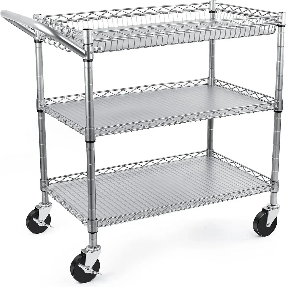 WDT Heavy Duty 3 Tier Utility Cart,990Lbs Capacity Wire Rolling Cart with Wheels, Commercial Grade Service Cart with Shelving