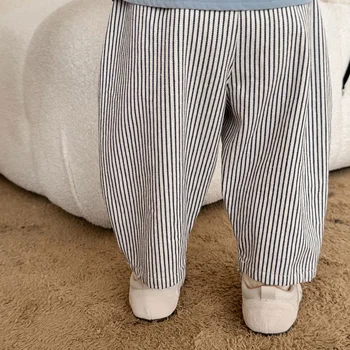 2026 Fall New Toddler Kids Pants Cotton Cartoon Embroidered Harem Pants Baby Boy Casual Striped Denim Baggy Trousers 3