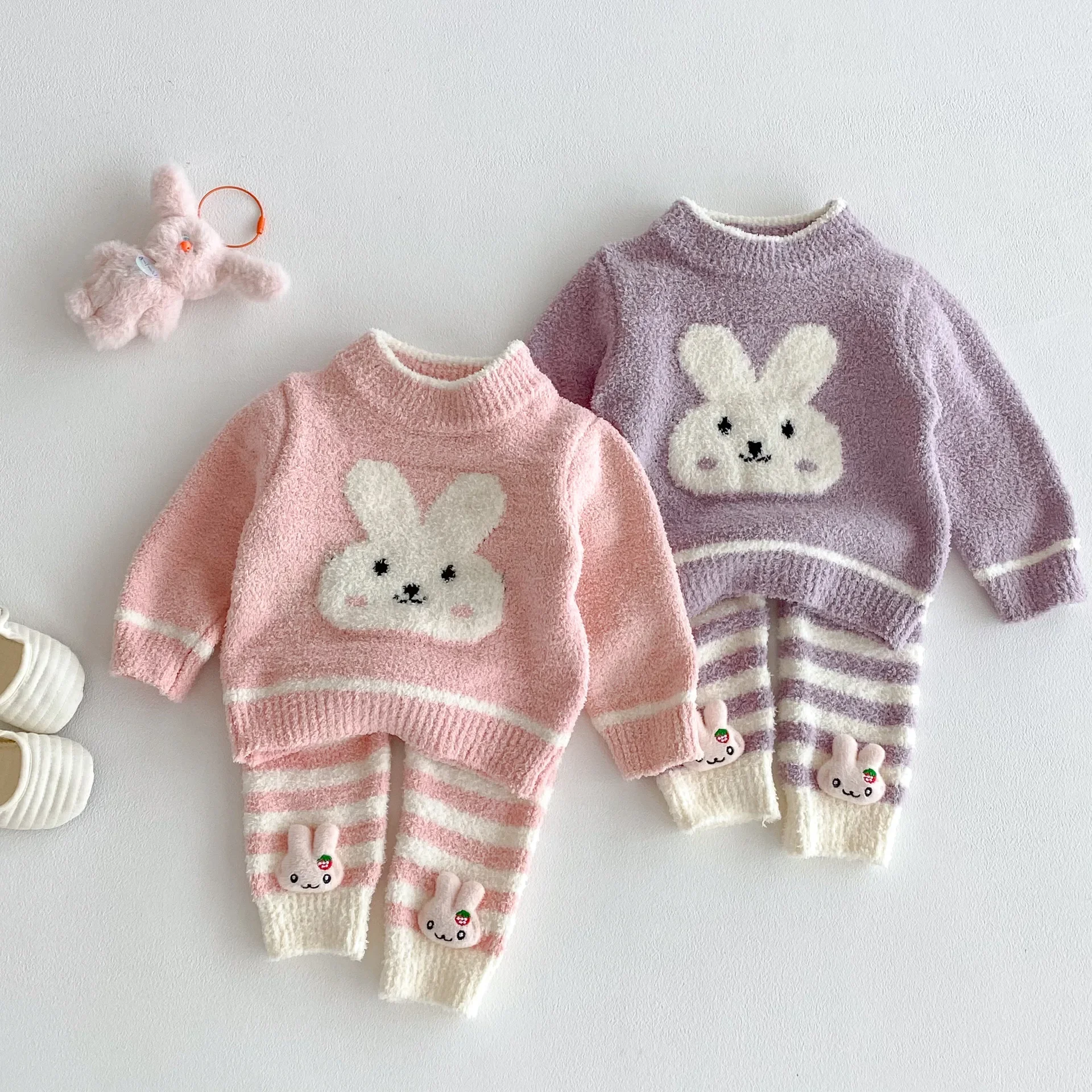

Autumn Winter New Baby Girl Pajamas Set Cute Bunny Half-Plush Sleepwear Top Pants 2PCS Homewear Outfit for 0-3Y Girls