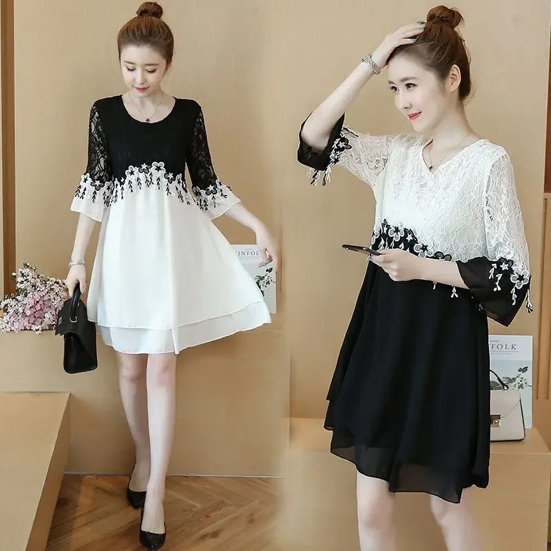 

New Horn Half-Sleeve Shirt Lace Stitching Dress Woman Dress Vestido De Mujer Femme Robe