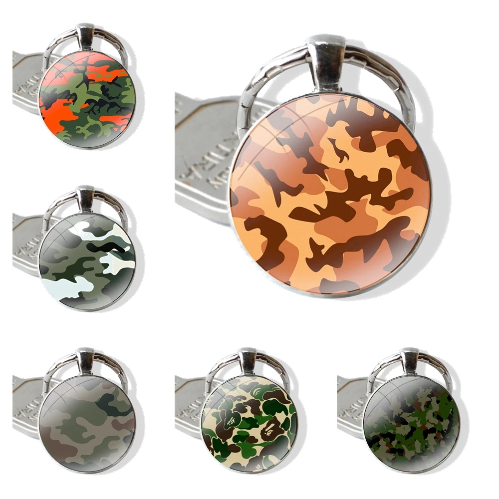 Camouflage Pattern Camo military Army Keychain Handmade Glass Cabochon Key Ring Holder Pendant Key Chains