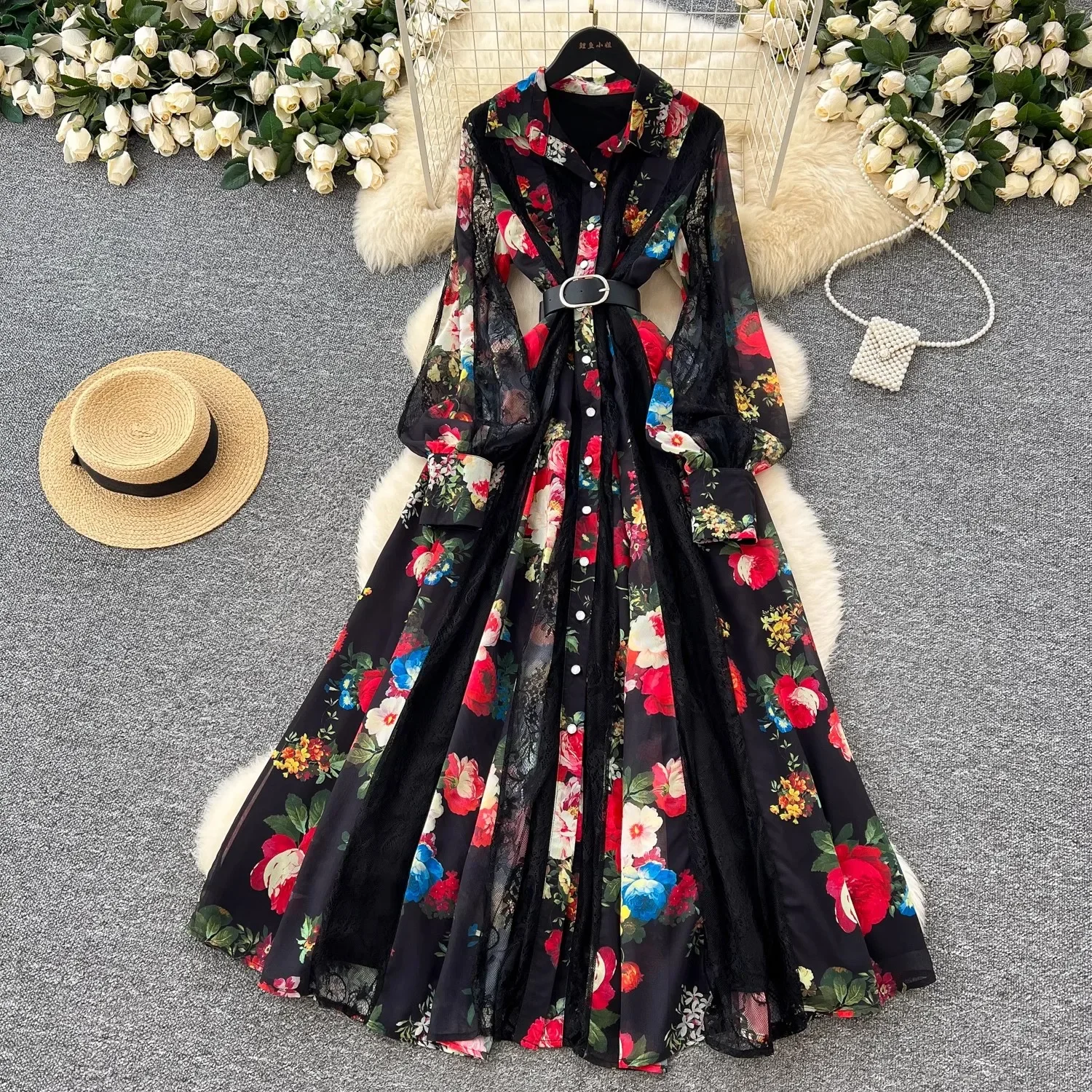 Greenora Palace Floral Maxi Dress Women Holiday Long Dress Shirt 2025 Spring Long Sleeve Single Breasted Lace Patchwork Party