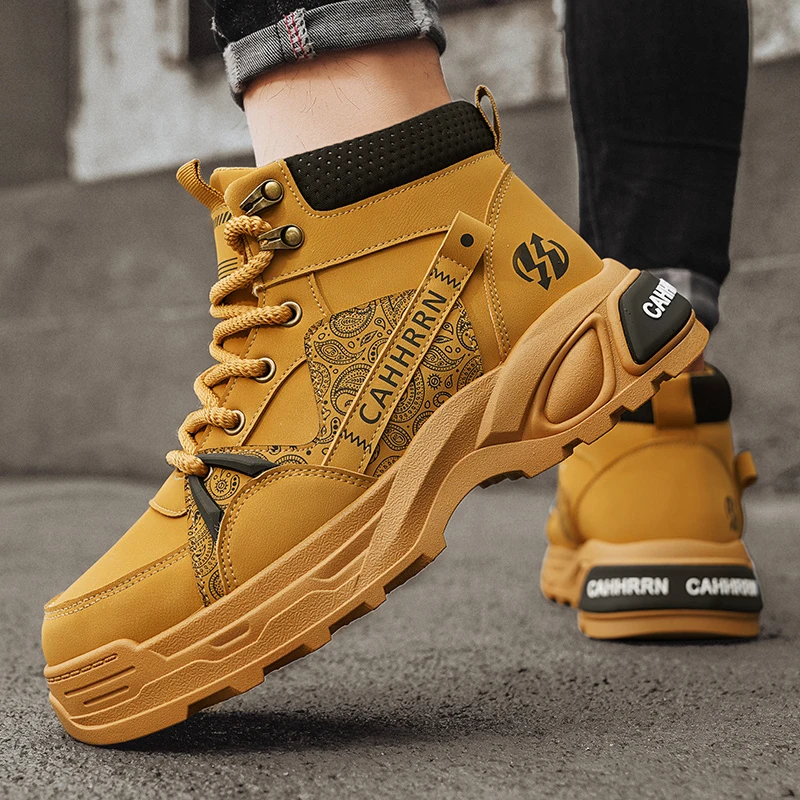 Мотоциклетные ботинки в британском стиле, мужские уличные желтые мужские байкерские ботинки, повседневные ботильоны на платформе, мужские botas para hombre