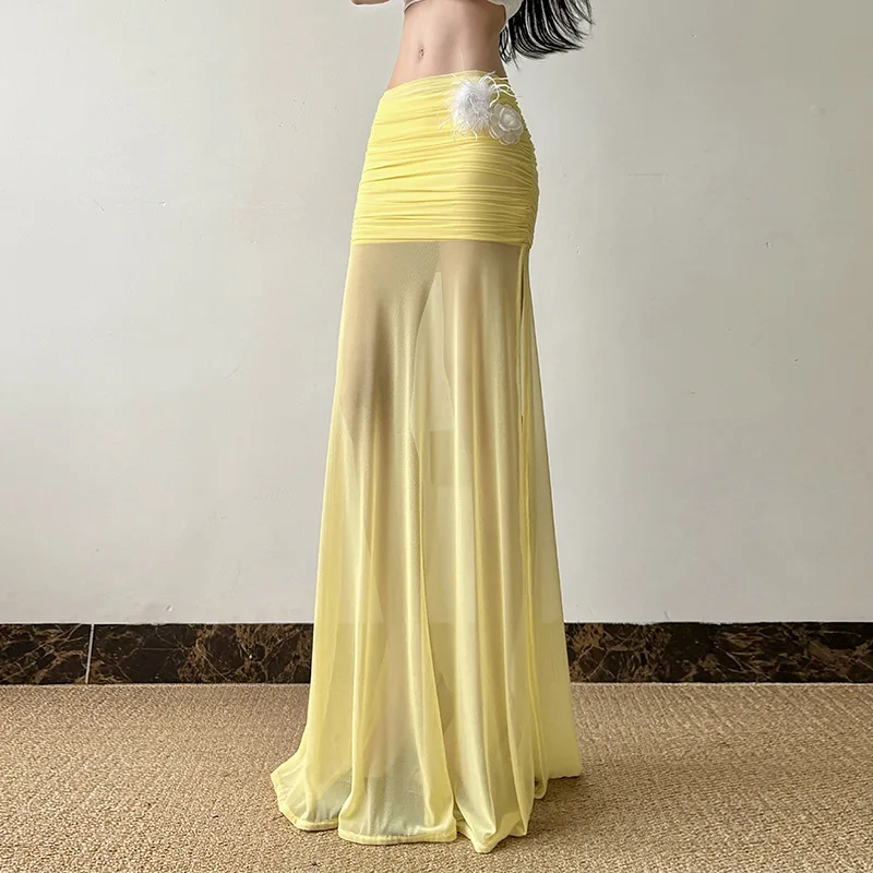 Three-dimensional Decorative Fashion Mesh Splicing Hip Skirt Summer Sexy Perspective High Waist Slit Solid Long Skirts for Women