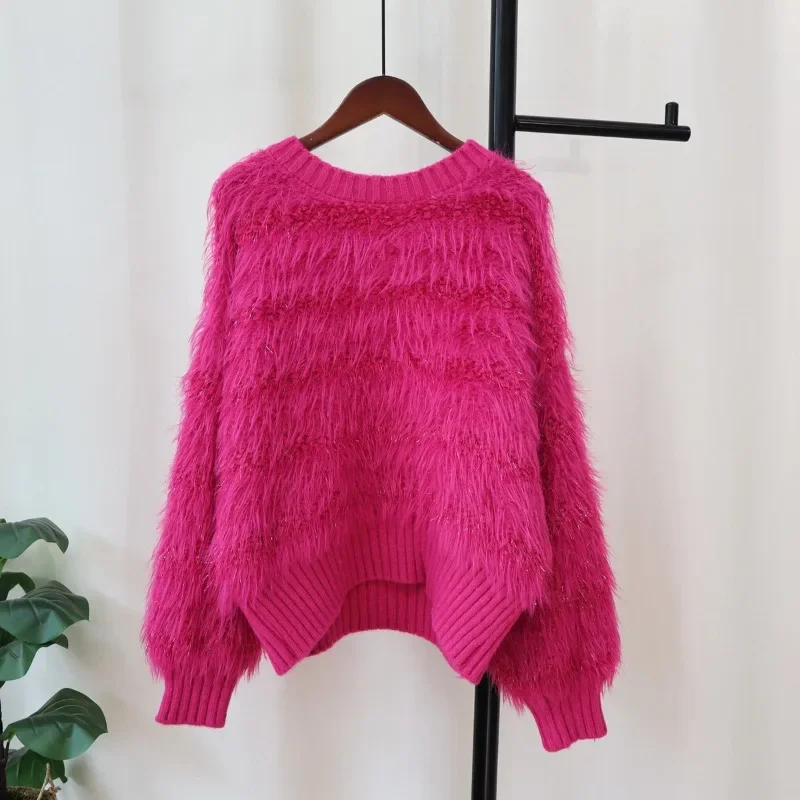 

Thicken Faux Mink Fur Sweater for Women 2024 Autumn and Winter New Soft Loose Design Knitted Pullovers Sweet Furry Fuzzy Jumper