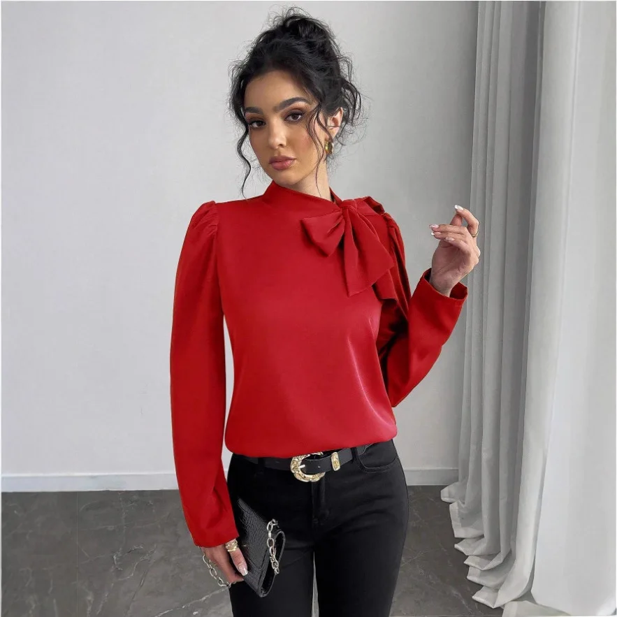 เสื้อเบลาส์ผู้หญิงแฟชั่นสปริง/ออทั่ม 2025 แขนยาว สีพื้น เรียบหรู เหมาะสำหรับใส่ทำงานในออฟฟิศ สไตล์ลำลอง