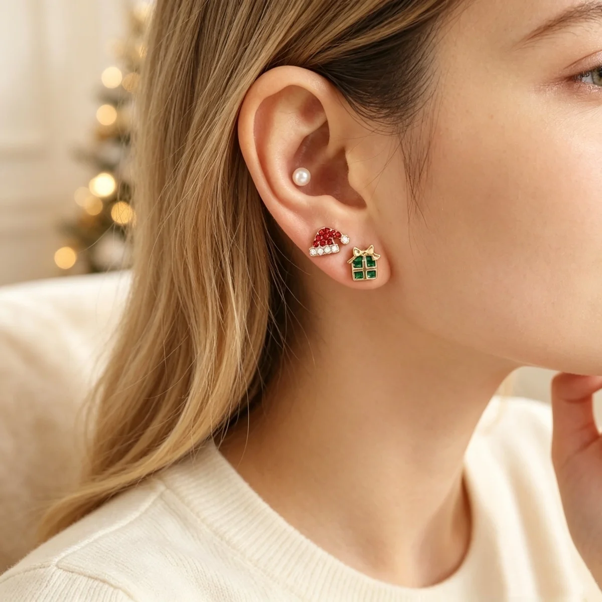 8 Paar/Set Strass-Weihnachtsbaum-Mütze Schneeflocke Elch Kranz Socken Geschenkbox Kleine Ohrstecker für Damen Weihnachten Neujahr Schmuck – Detail 7