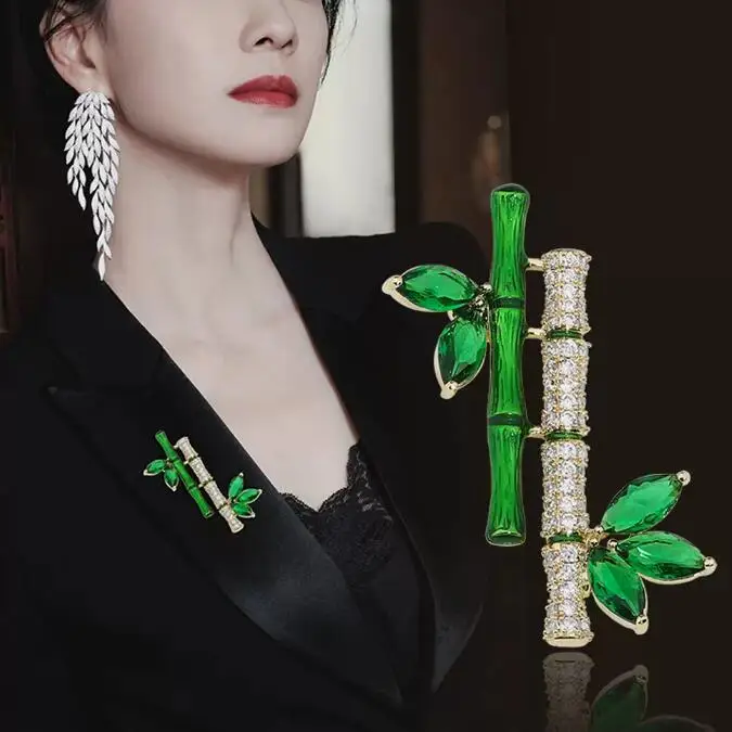 Temperament Elegant Retro Green Plant Imitation Emerald Bamboo Shape Brooch Pin For Women Brooches Suit Collar Dress Accessories