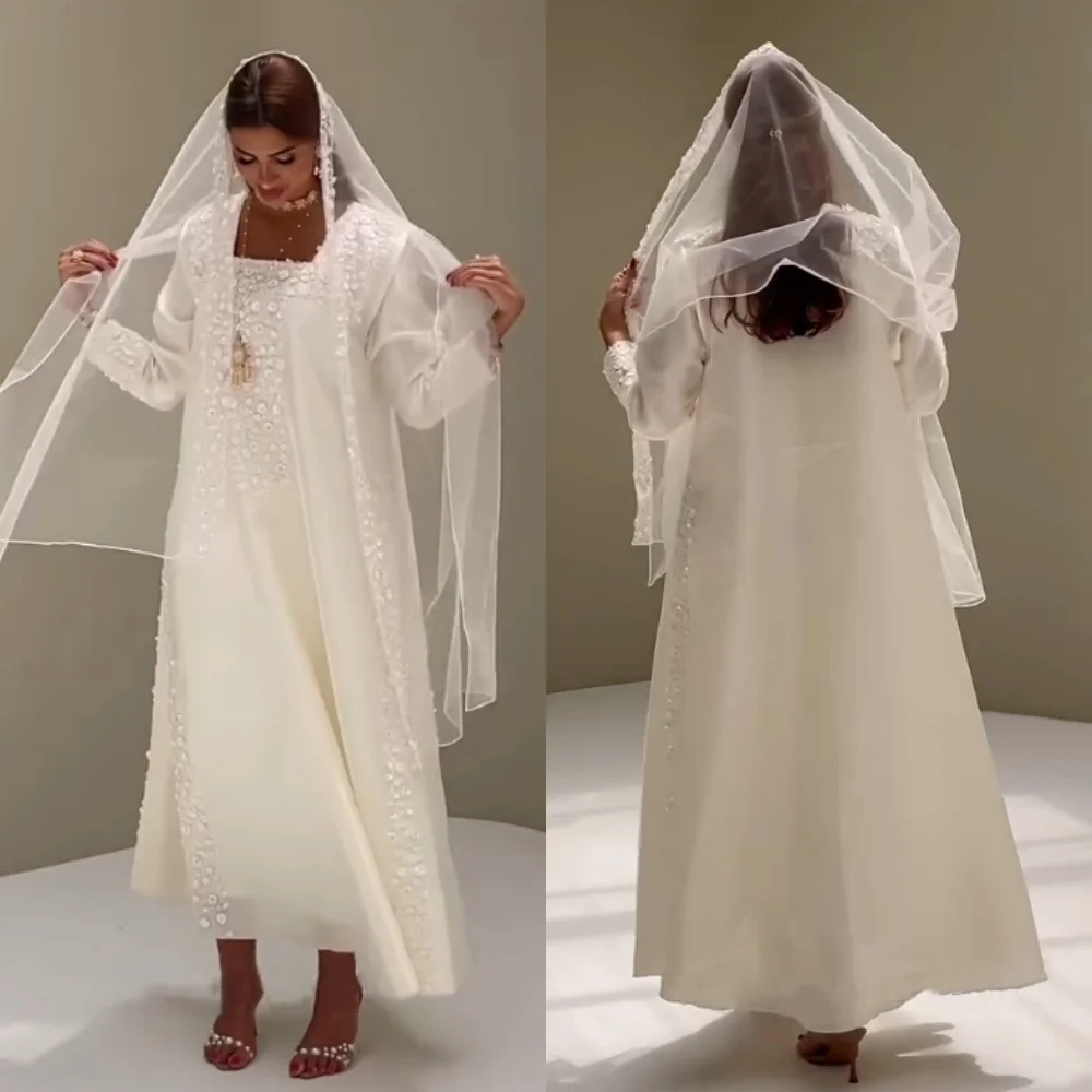 

Customized Charmeuse Applique Sequined Square Neck Midi Dresses Bespoke Occasion Evening Gown Shawl Wedding Dress Elegant