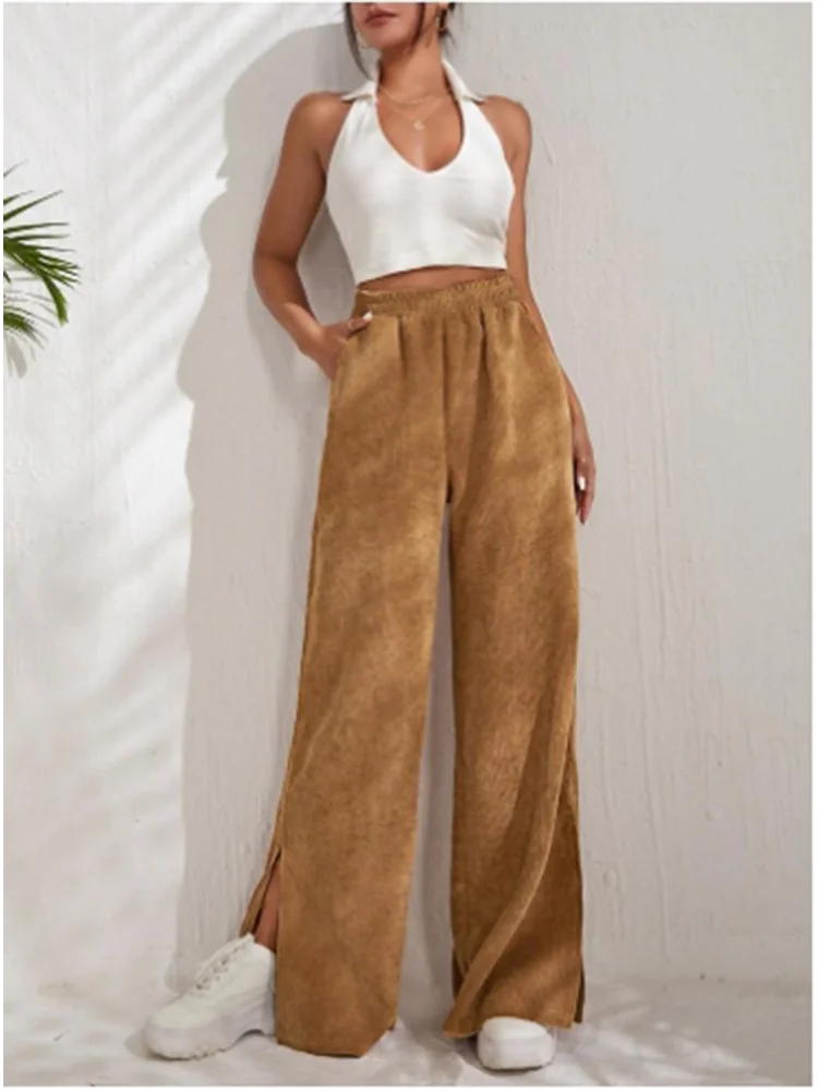 Trendy Autumn Loose Slit Pants Women's Pocket High Waist Solid Color Pants Casual Straight Wide Leg Trousers