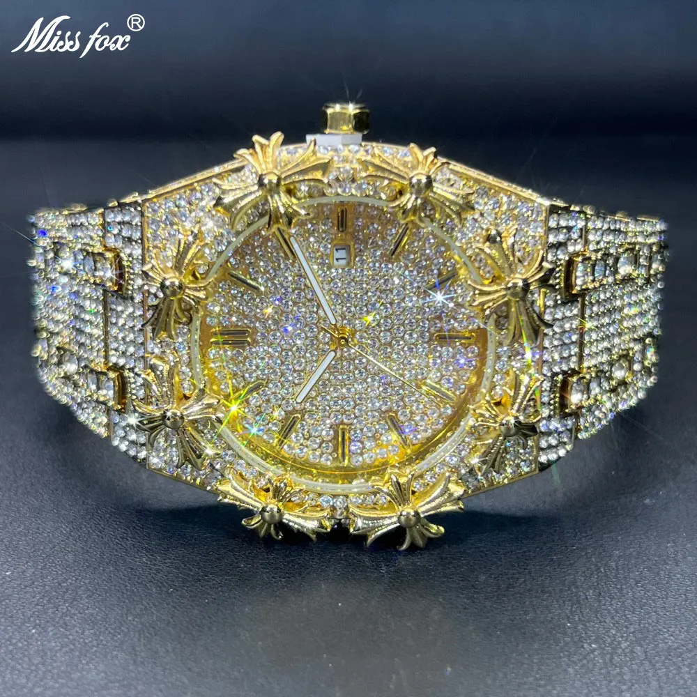 MISSFOX мужские часы с шипами и короной, кварцевые наручные часы, модные часы в стиле хип-хоп с ледяными кристаллами, мужские роскошные деловые кварцевые наручные часы, подарок