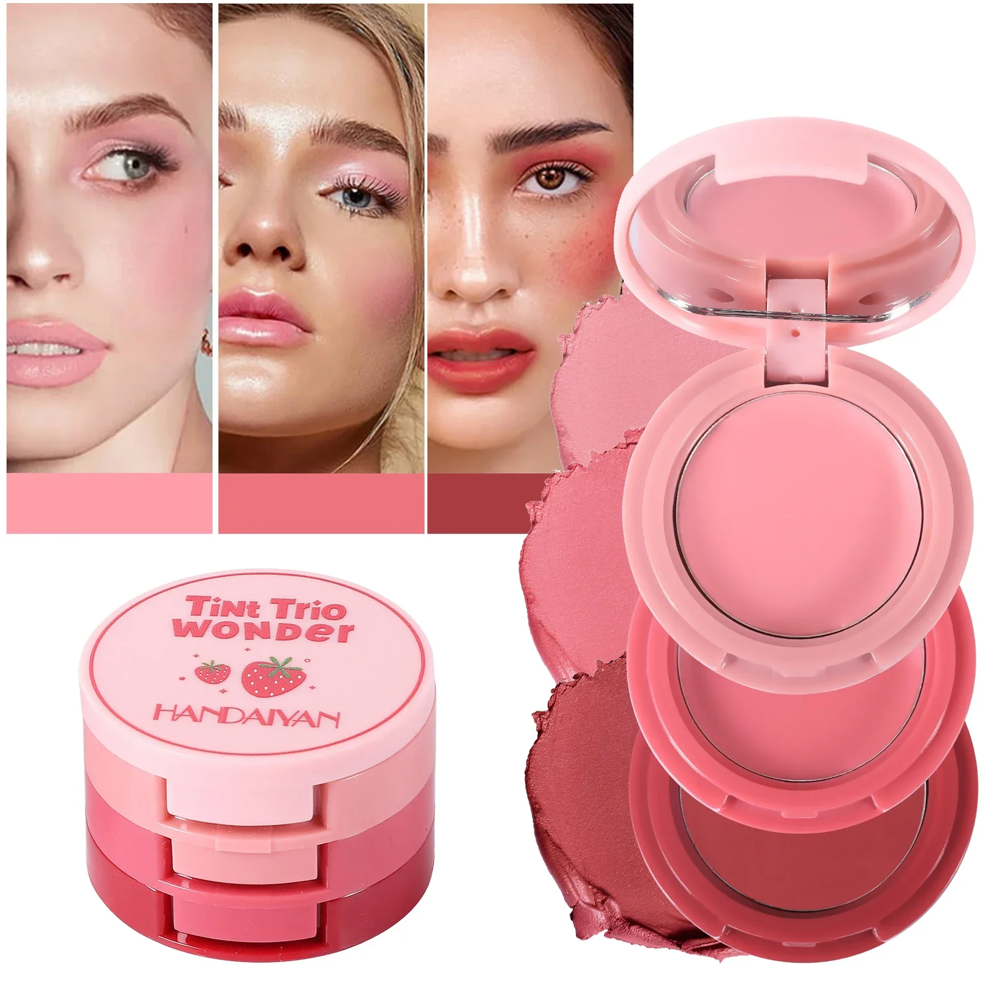 Heallor Strawberry Cheek & Lip Blush Cream Mousse Texture 3 IN 1 Tinted Mositure Velvet Matte Blush Palette Peach Red Face Pigme