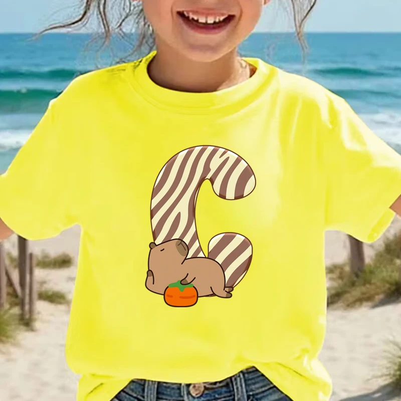 Capybara 26 Alphabet Kids T-shirt Short Sleeve Fashion Y2K Tops Letter A-Z Print T-Shirt Girls Boys Capybara Lover Gift Clothes