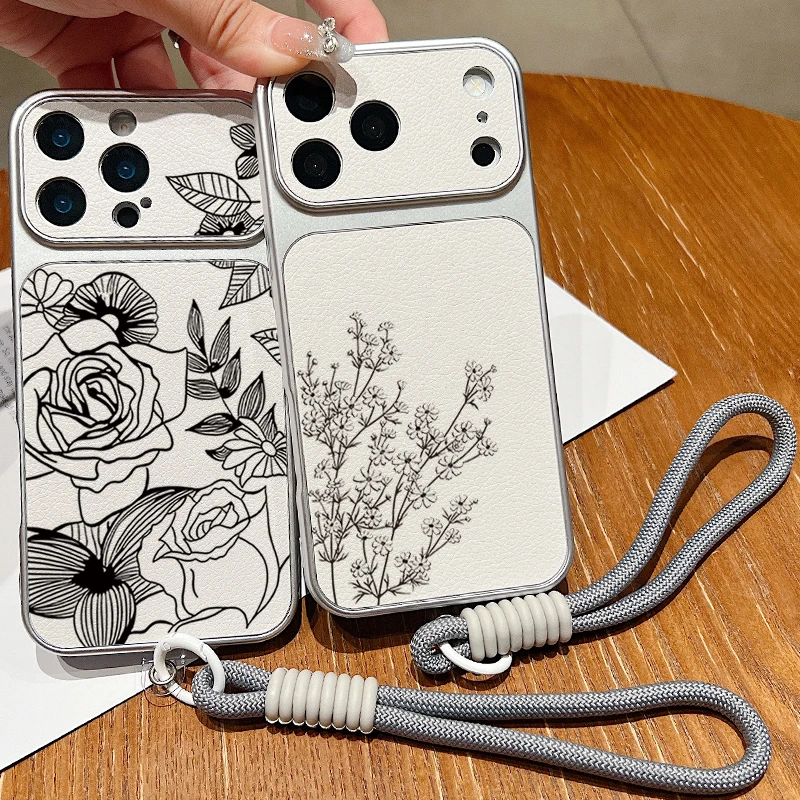 Matte Leather Texture Phone Case For iPhone 17 16 15 14 13 Pro Max Black Flower Pattern Wrist Strap Lanyard Soft TPU Back Cover view 2