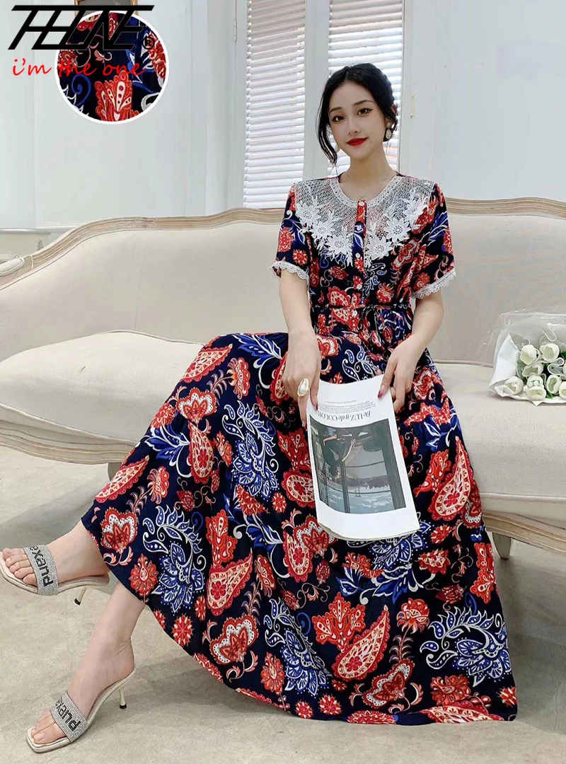 Summer Dress Women 2024 Vestidos Casual Plus Size Long Maxi Korean Style Beach Floral Cotton Lace O Neck Bohemian Indian Clothes